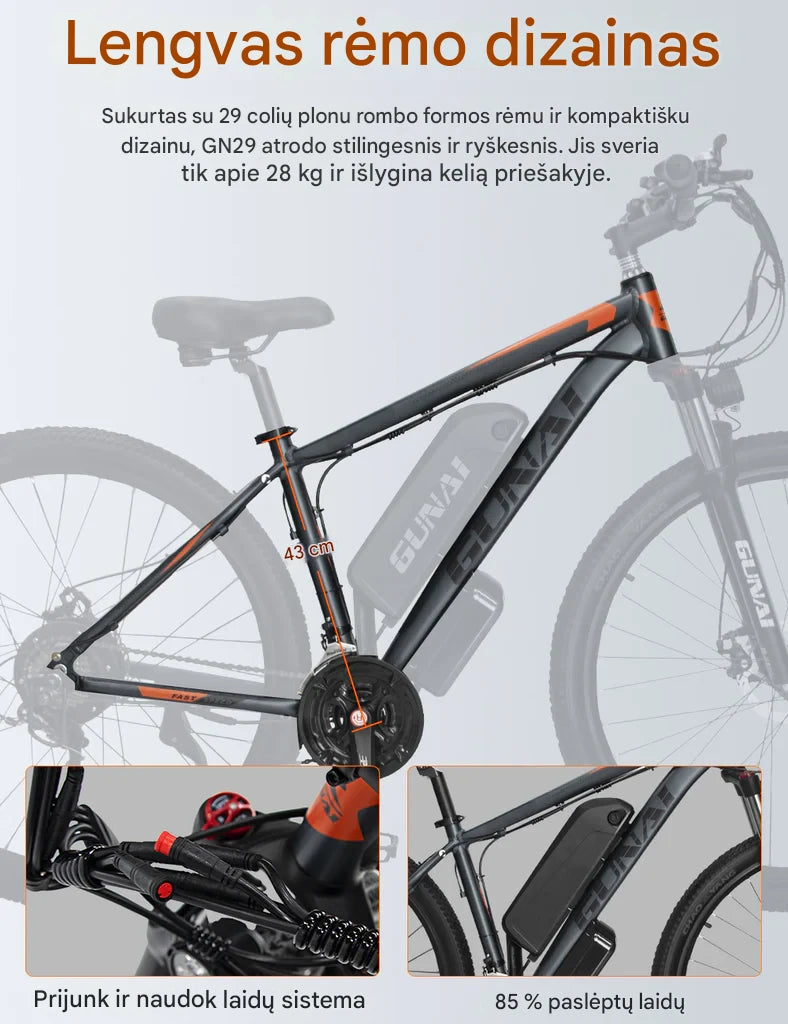 GUNAI GN29 750W ilgalaikis nuotolis elektrinis kalnų dviratis