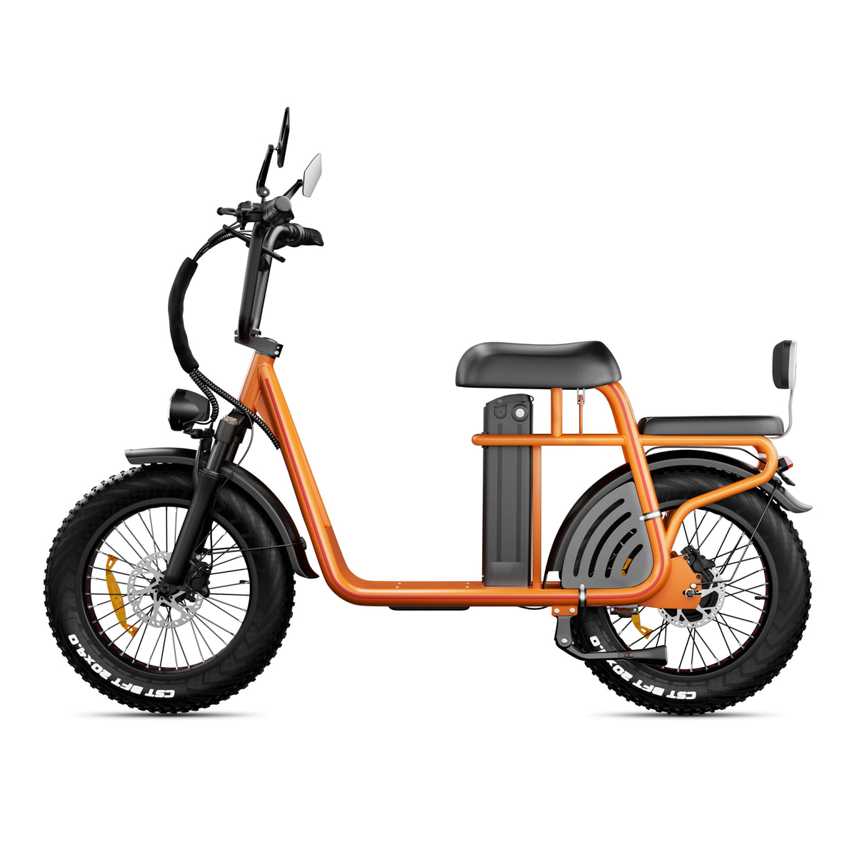 Drvetion ET20 oranžinis elektrinis dviratis iš kitos pusės